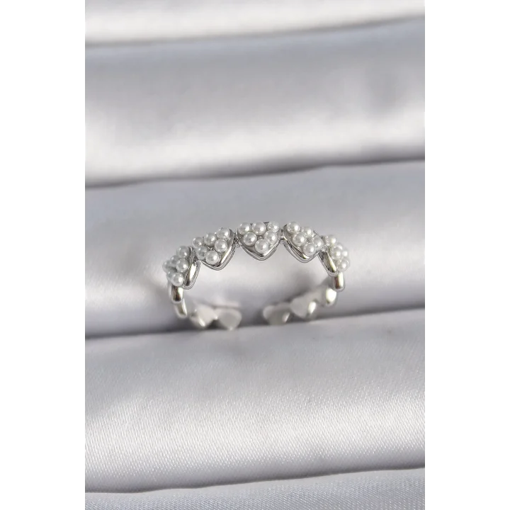 Mey İthalat® Pirinç Gümüş Renk Ayarlanabilir İncili Kalp Model Kadın Yüzük