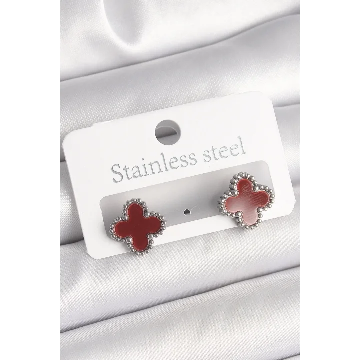 Mey İthalat® Pirinç Gümüş Renk Bordo Yonca Model Kadın Küpe