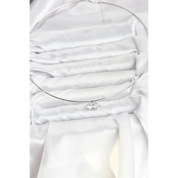 Mey İthalat® Pirinç Gümüş Renk Choker Model Zirkon Taşlı Kadın Kolye