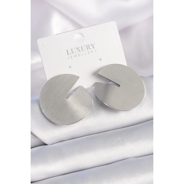 Mey İthalat® Pirinç Gümüş Renk Daire Plaka Model Kadın Küpe