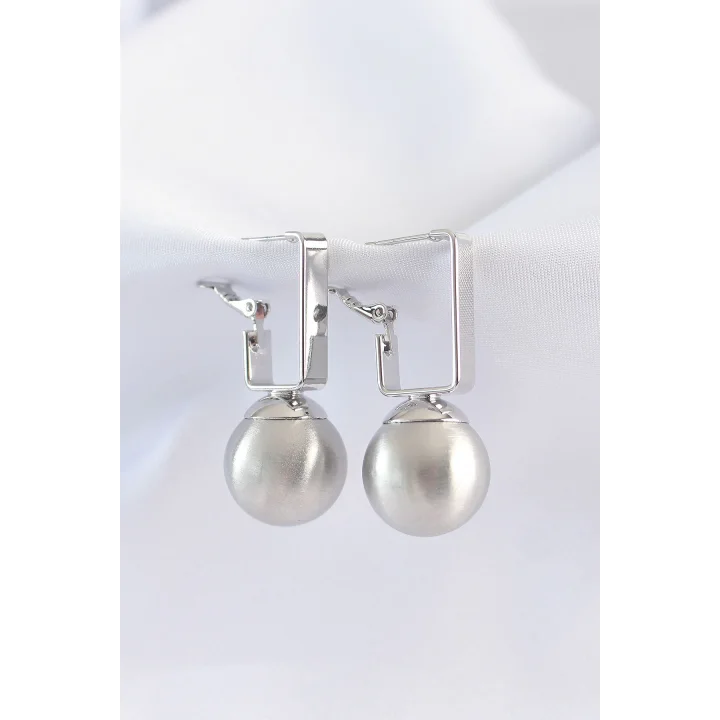 Mey İthalat® Pirinç Gümüş Renk Dikdörtgen Detay Oval Küpe