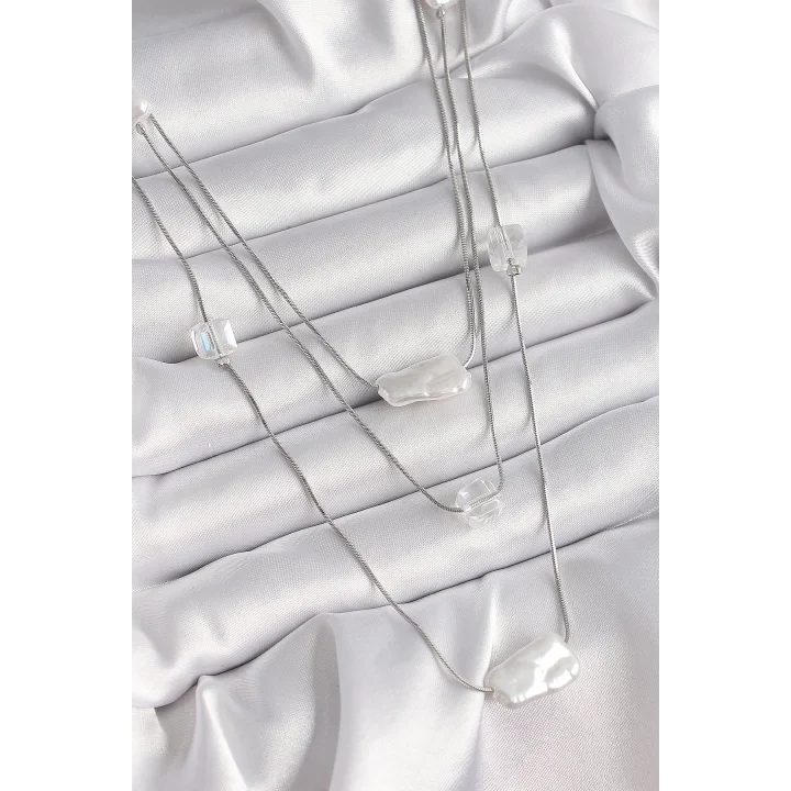 Mey İthalat® Pirinç Gümüş Renk Ezme İnci Model Çoklu Kadın Kolye