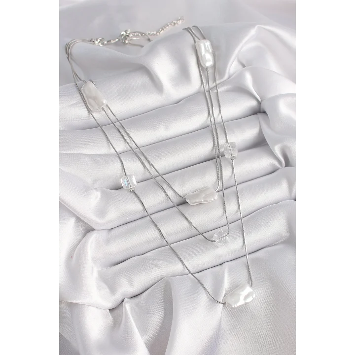 Mey İthalat® Pirinç Gümüş Renk Ezme İnci Model Çoklu Kadın Kolye