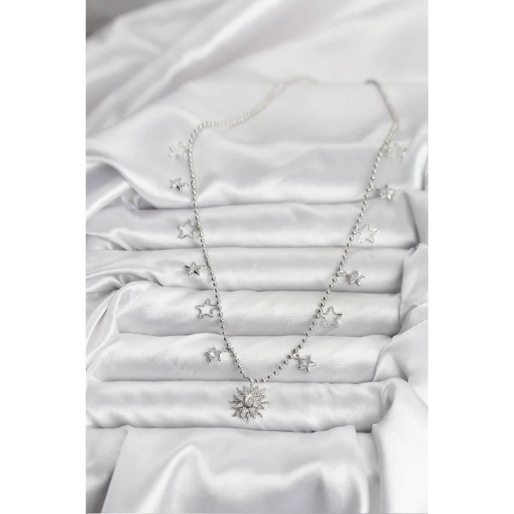 Mey İthalat® Pirinç Gümüş Renk Güneş Model Kadın Kolye