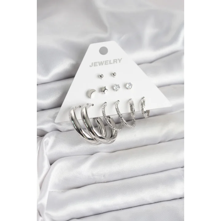 Mey İthalat® Pirinç Gümüş Renk Halka Modelli 6 Çift Kadın Küpe