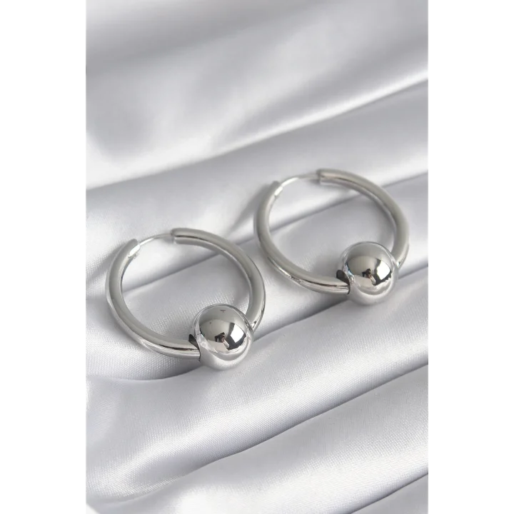 Mey İthalat® Pirinç Gümüş Renk Halka Top Model Kadın Küpe