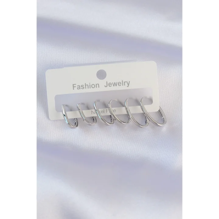 Mey İthalat® Pirinç Gümüş Renk İnce Oval Küpe Seti