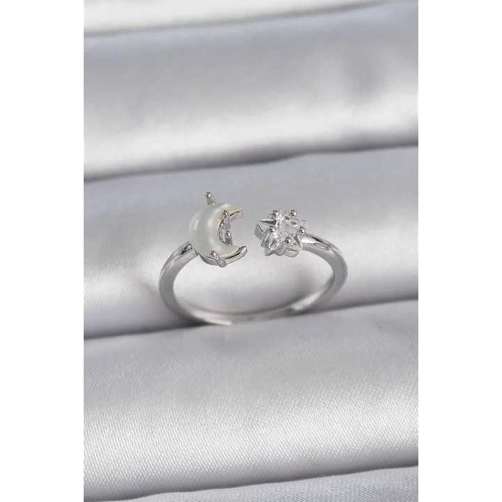 Mey İthalat® Pirinç Gümüş Renk İncili Hilal Zirkon Taşlı Yıldız Ayarlanabilir Kadın Yüzük