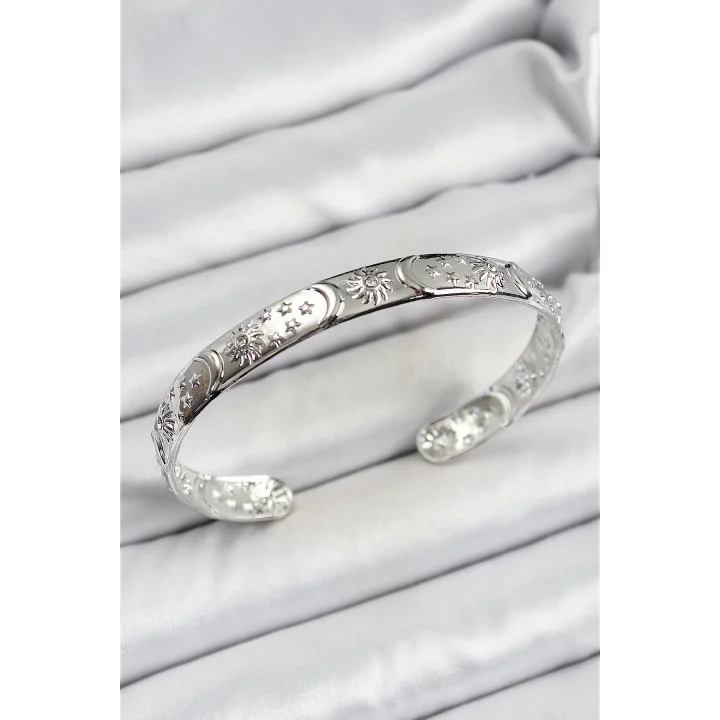 Mey İthalat® Pirinç Gümüş Renk İşlemeli Altı Açık Bileklik