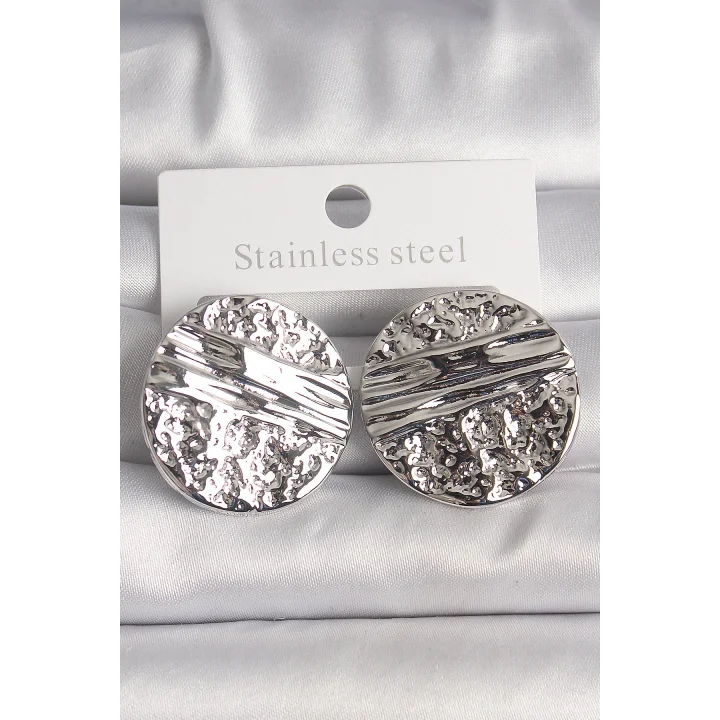 Mey İthalat® Pirinç Gümüş Renk İşlemeli Daire Plaka Model Kadın Küpe