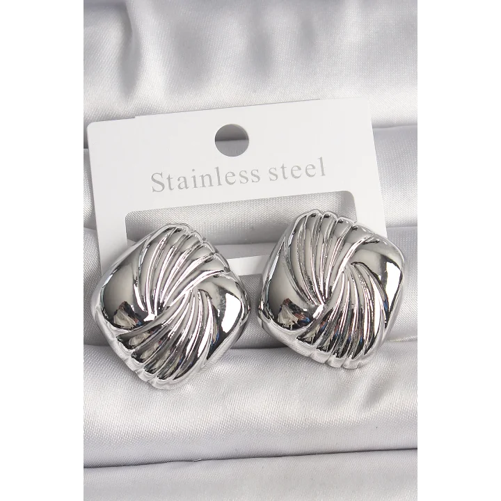 Mey İthalat® Pirinç Gümüş Renk İşlemeli Kare Model Kadın Küpe