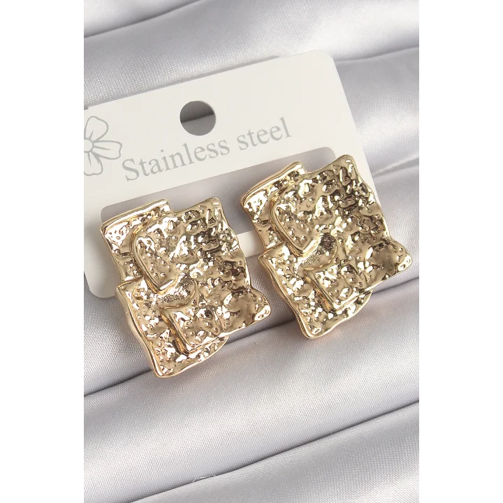 Mey İthalat® Pirinç Gümüş Renk İşlemeli Kare Plaka Model Kadın Küpe