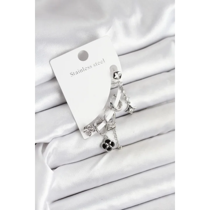 Mey İthalat® Pirinç Gümüş Renk Kadın Set Küpe