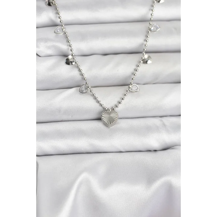 Mey İthalat® Pirinç Gümüş Renk Kalp Model Kadın Kolye
