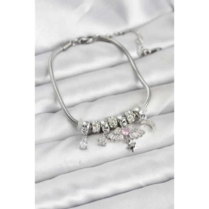 Mey İthalat® Pirinç Gümüş Renk Kanatlı Charmlı Kadın Bileklik