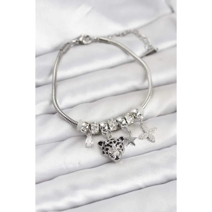 Mey İthalat® Pirinç Gümüş Renk Kaplan Model Charmlı Kadın Bileklik