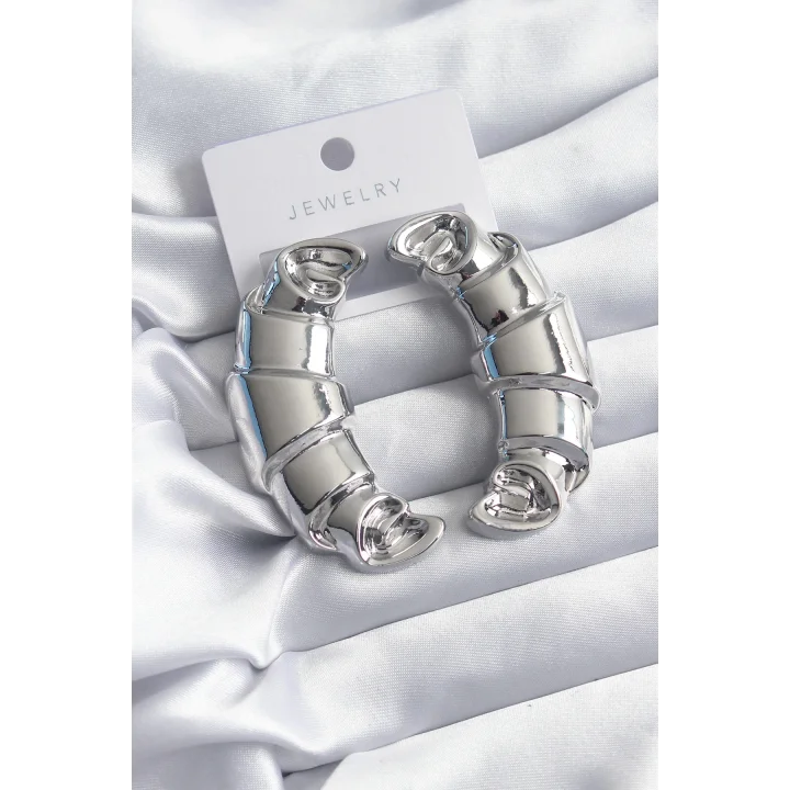 Mey İthalat® Pirinç Gümüş Renk Kruvasan Model Kadın Küpe