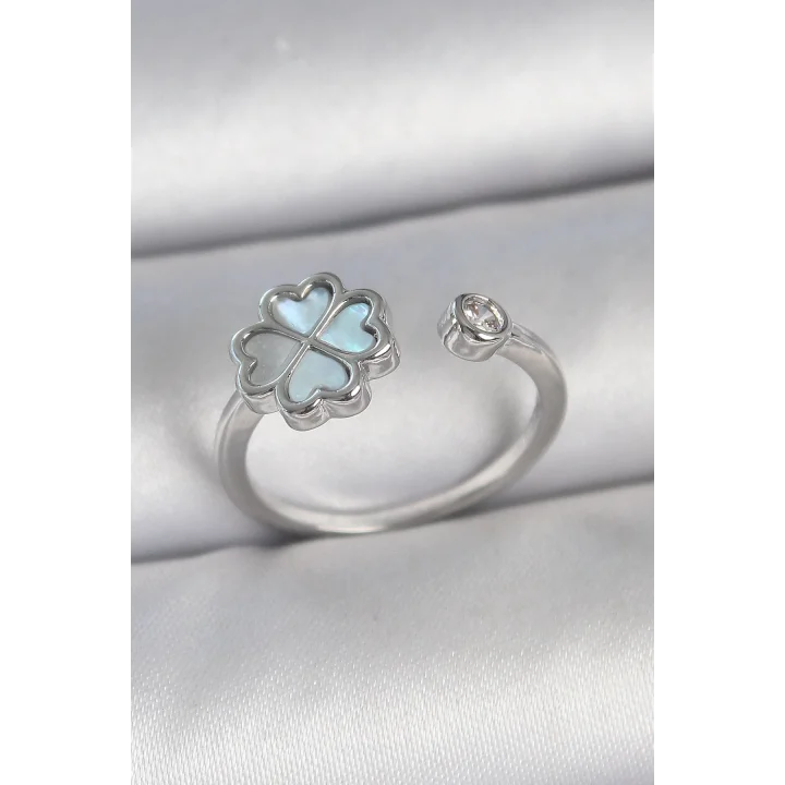 Mey İthalat® Pirinç Gümüş Renk Mavi Mineli Yonca Model Zirkon Taş Detay Ayarlanabilir Kadın Yüzük