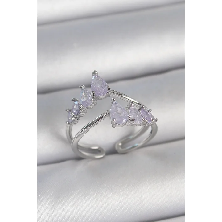 Mey İthalat® Pirinç Gümüş Renk Mor Damla Zirkon Taşlı Taç Model Kadın Yüzük