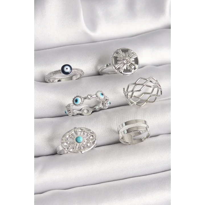 Mey İthalat® Pirinç Gümüş Renk Nazar Boncuk Zirkon Taş Detaylı Dalga Figür Kadın Yüzük Kombini