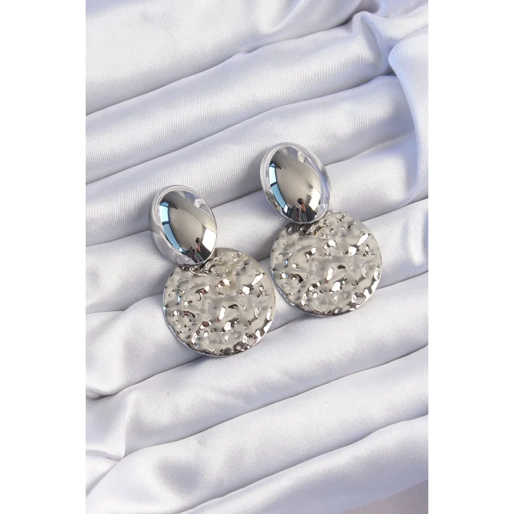 Mey İthalat® Pirinç Gümüş Renk Oval Ezme Plaka Küpe