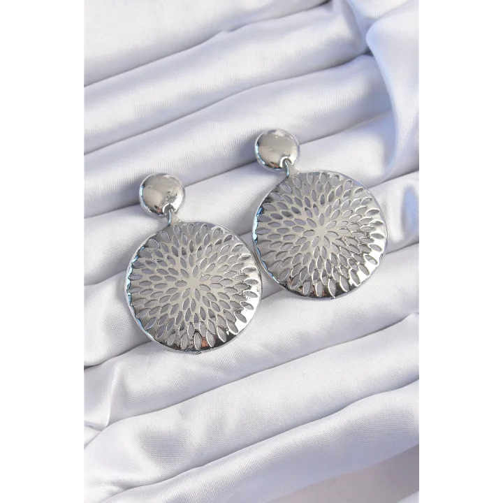 Mey İthalat® Pirinç Gümüş Renk Oval İşlemeli Küpe