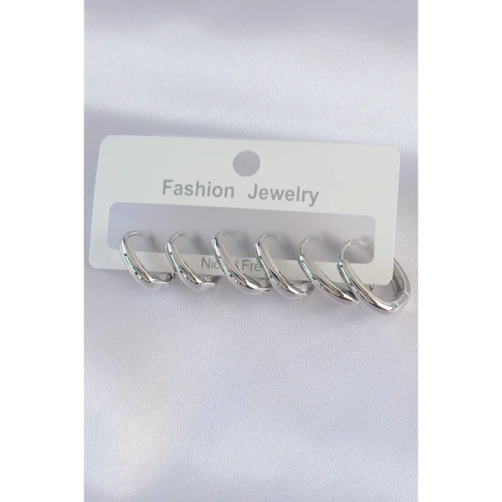 Mey İthalat® Pirinç Gümüş Renk Oval Küpe Seti