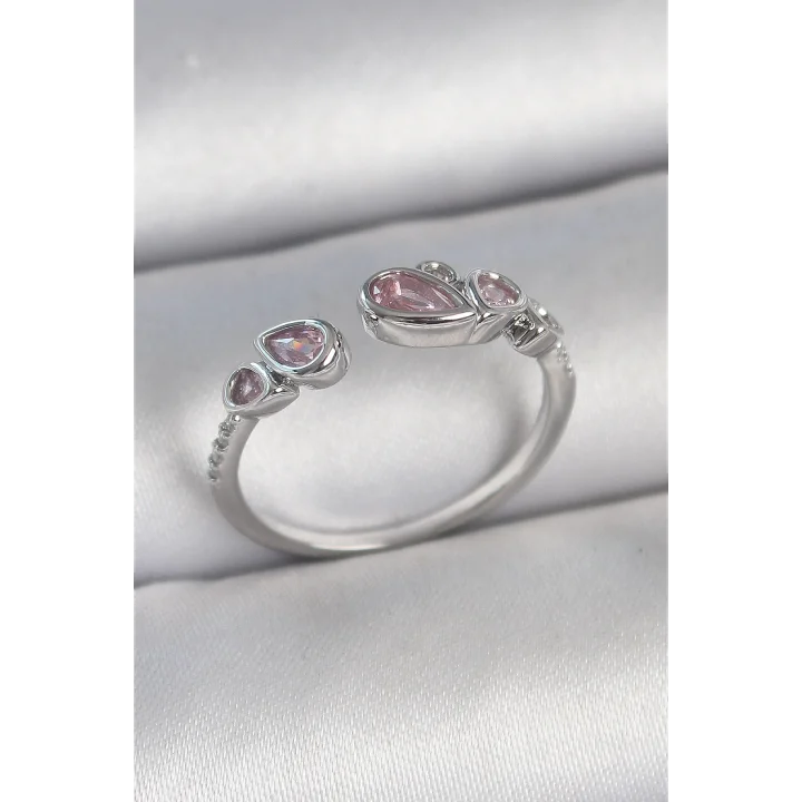 Mey İthalat® Pirinç Gümüş Renk Pembe Damla Zirkon Taşlı Ayarlanabilir Model Kadın Yüzük