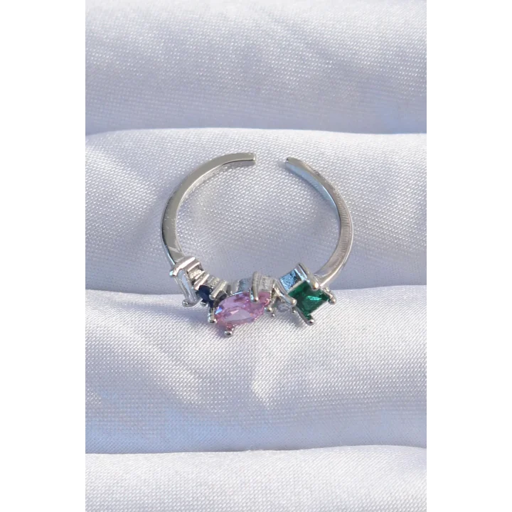 Mey İthalat® Pirinç Gümüş Renk Renkli Zirkon Taşlı Ayarlanabilir Yüzük