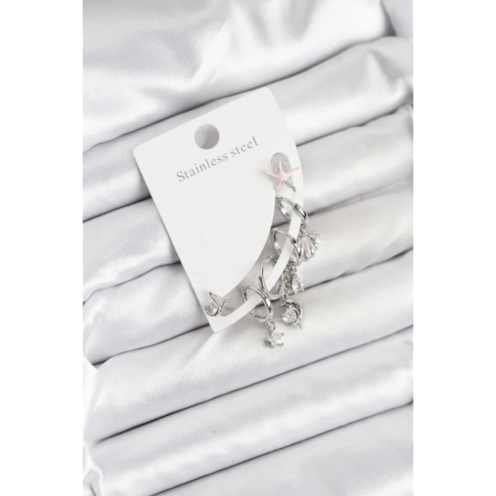 Mey İthalat® Pirinç Gümüş Renk Set Küpe