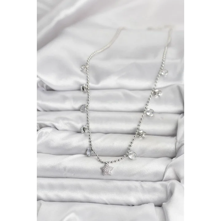 Mey İthalat® Pirinç Gümüş Renk Yıldız Model Kadın Kolye