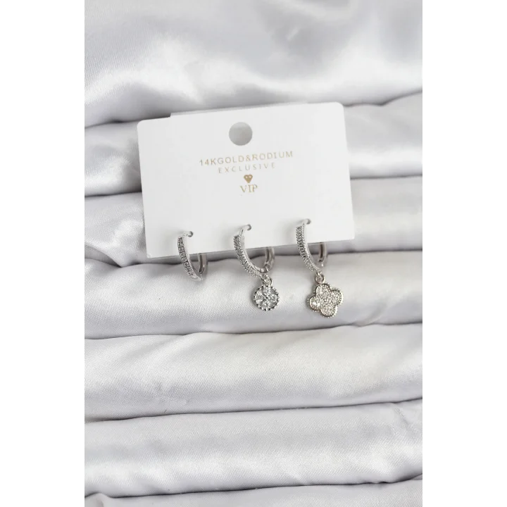 Mey İthalat® Pirinç Gümüş Renk Yonca Model 3lü Kadın Küpe Seti