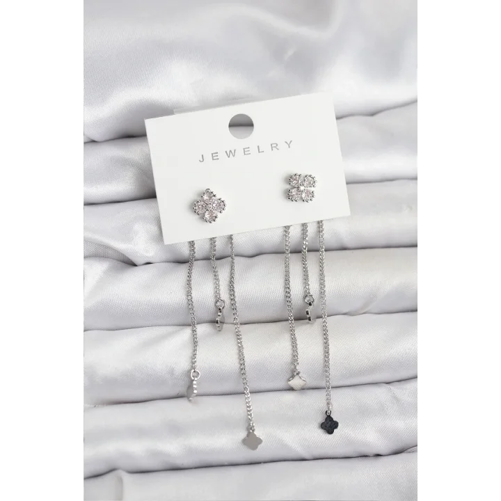 Mey İthalat® Pirinç Gümüş Renk Yonca Model Sallantılı Kadın Küpe