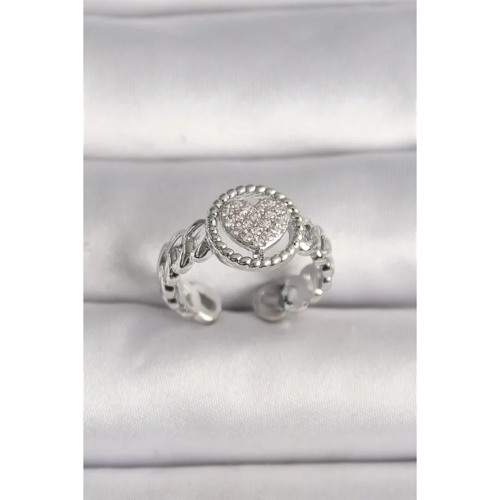 Mey İthalat® Pirinç Gümüş Renk Zincir Model Zirkon Taşlı Kalp Model Kadın Yüzük