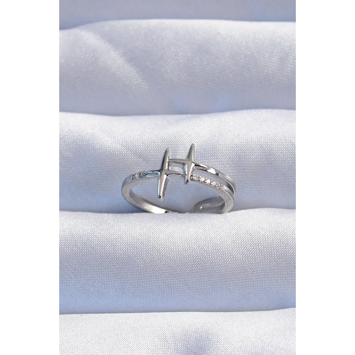 Mey İthalat® Pirinç Gümüş Renk Zirkon Taşlı 2li Görünüm Ayarlanabilir Yıldız Model Yüzük