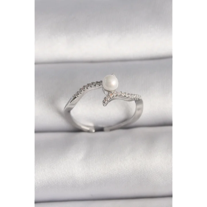 Mey İthalat® Pirinç Gümüş Renk Zirkon Taşlı Ayarlanabilir Yüzük