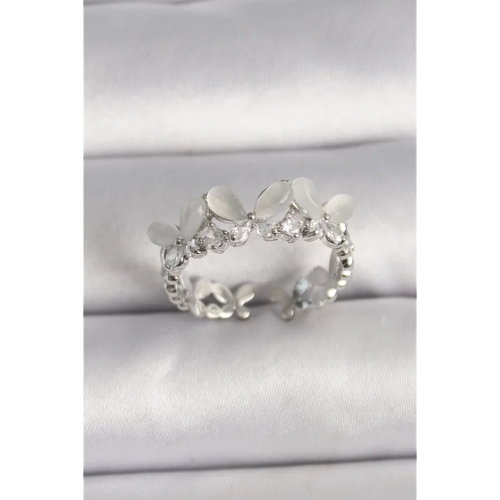 Mey İthalat® Pirinç Gümüş Renk Zirkon Taşlı Beyaz Mineli Kelebek Model Ayarlanabilir Yüzük