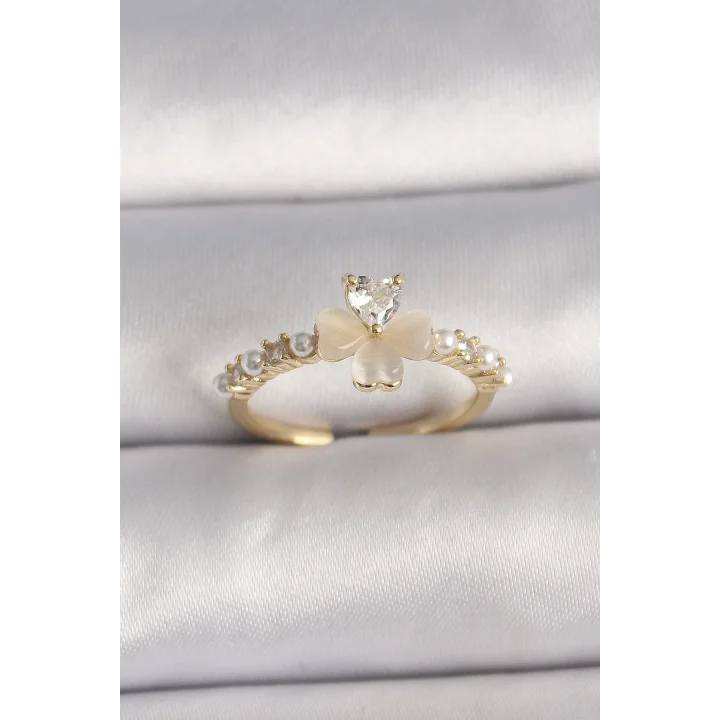 Mey İthalat® Pirinç Gümüş Renk Zirkon Taşlı Beyaz Mineli Yonca Model İnci Detay Ayarlanabilir Yüzük