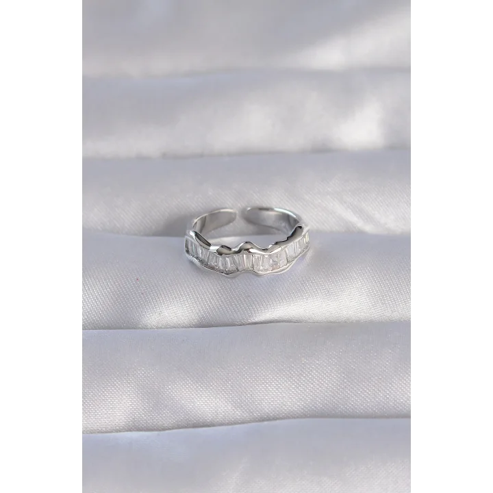 Mey İthalat® Pirinç Gümüş Renk Zirkon Taşlı Dalgalı Su Yolu Model Ayarlanabilir Yüzük