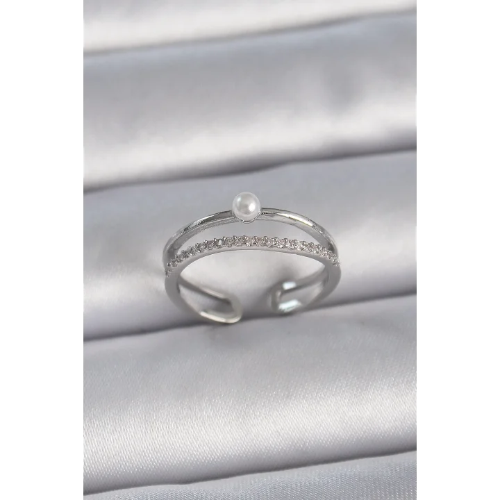 Mey İthalat® Pirinç Gümüş Renk Zirkon Taşlı İnci Detay Ayarlanabilir Model Kadın Yüzük