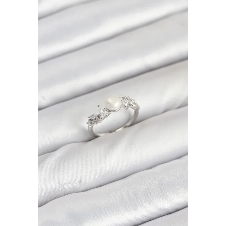 Mey İthalat® Pirinç Gümüş Renk Zirkon Taşlı İncili Model Kadın Yüzük