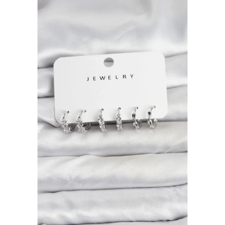 Mey İthalat® Pirinç Gümüş Renk Zirkon Taşlı Kadın Küpe Seti