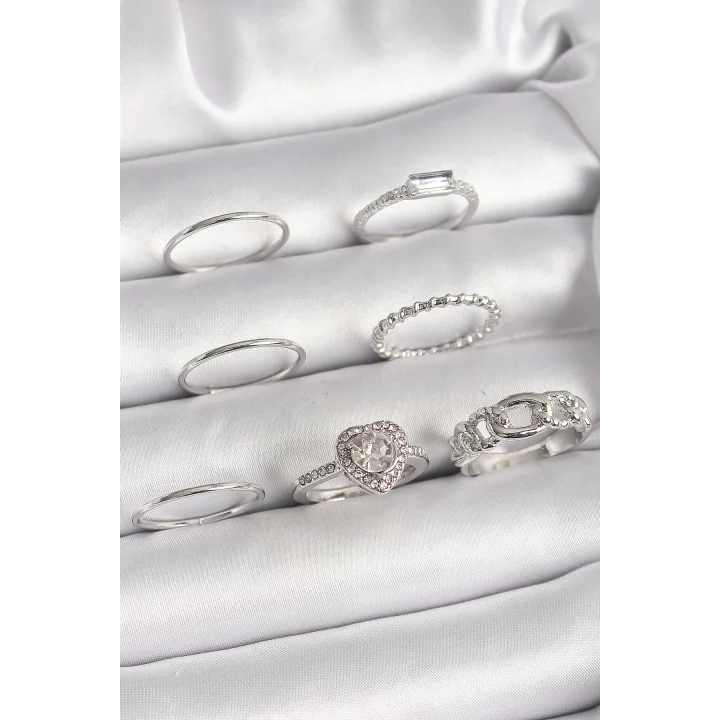 Mey İthalat® Pirinç Gümüş Renk Zirkon Taşlı Kalp Model Kadın Yüzük Kombini