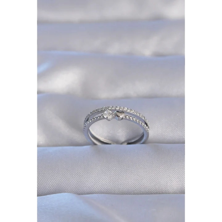 Mey İthalat® Pirinç Gümüş Renk Zirkon Taşlı Kalpli Su Yolu Model Ayarlanabilir Yüzük