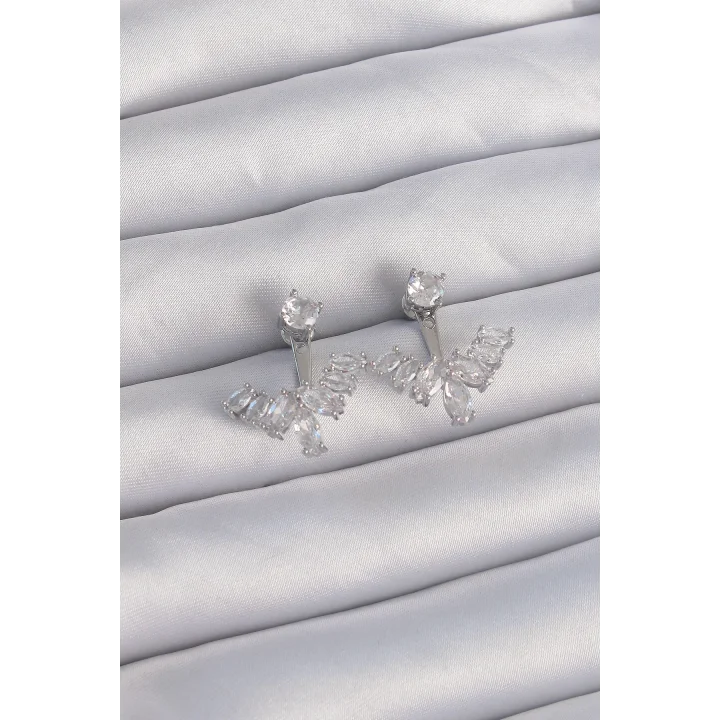 Mey İthalat® Pirinç Gümüş Renk Zirkon Taşlı V Model Küpe