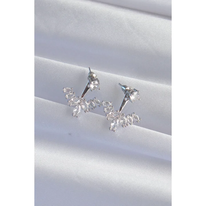 Mey İthalat® Pirinç Gümüş Renk Zirkon Taşlı V Model Küpe