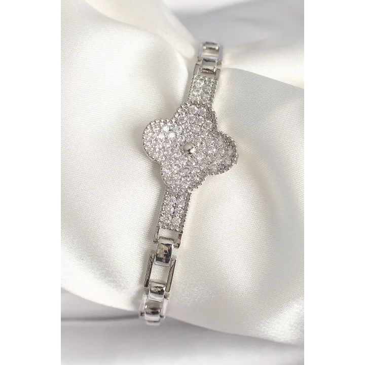 Mey İthalat® Pirinç Gümüş Renk Zirkon Taşlı Yonca Model Kadın Bileklik