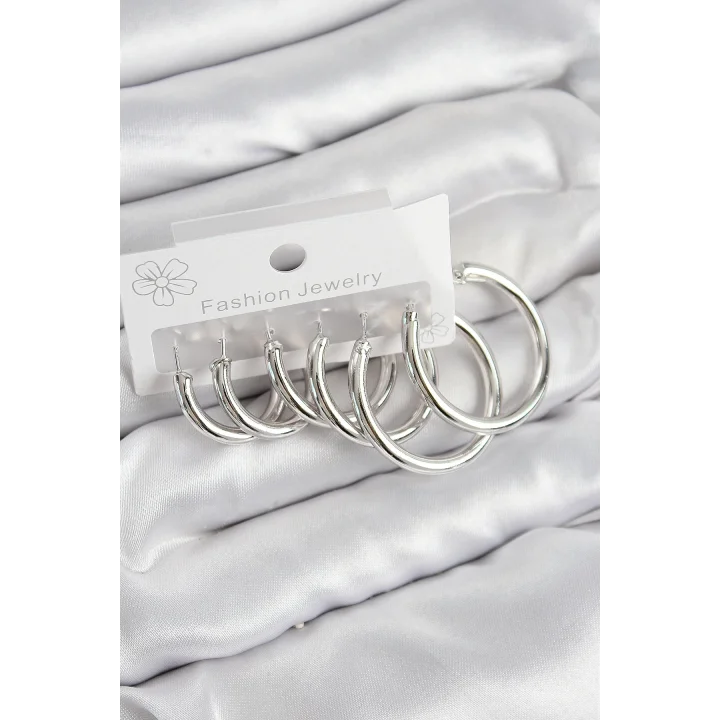 Mey İthalat® Pirinç Halka Model Gümüş Renk Kadın Set Küpe