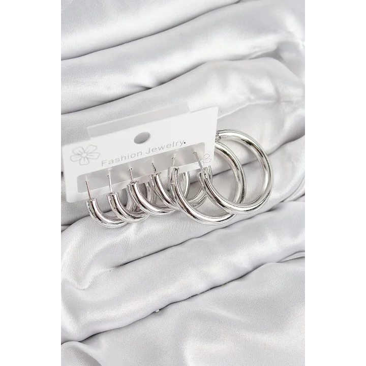 Mey İthalat® Pirinç Halka Model Gümüş Renk Kadın Set Küpe