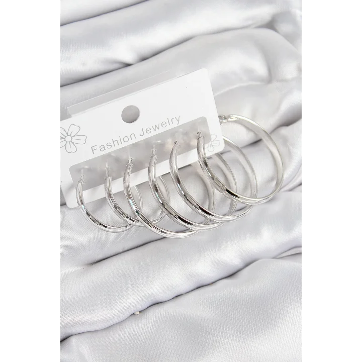 Mey İthalat® Pirinç Halka Model Gümüş Renk Kadın Set Küpe